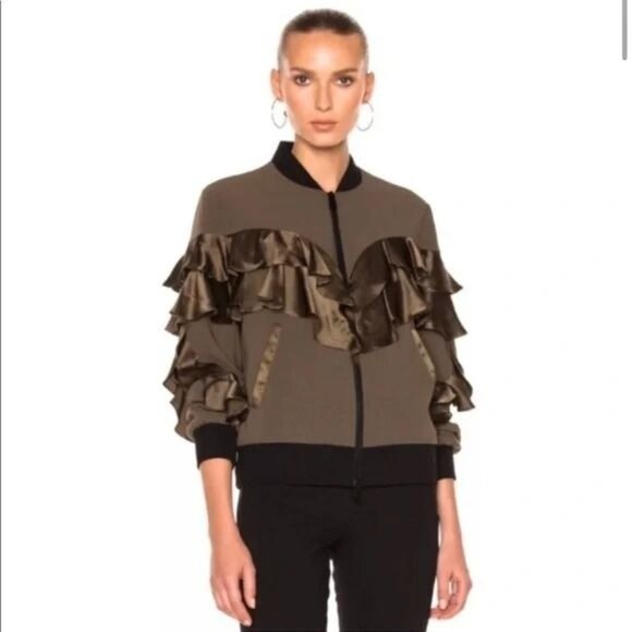 Cinq A Sept Leia Satin-Ruffle Bomber Jacket, Olive size XS - Picture 2 of 7